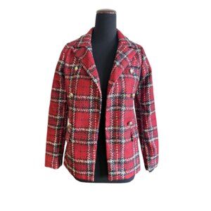 Red Plaid Double-Breasted Coat – Size M